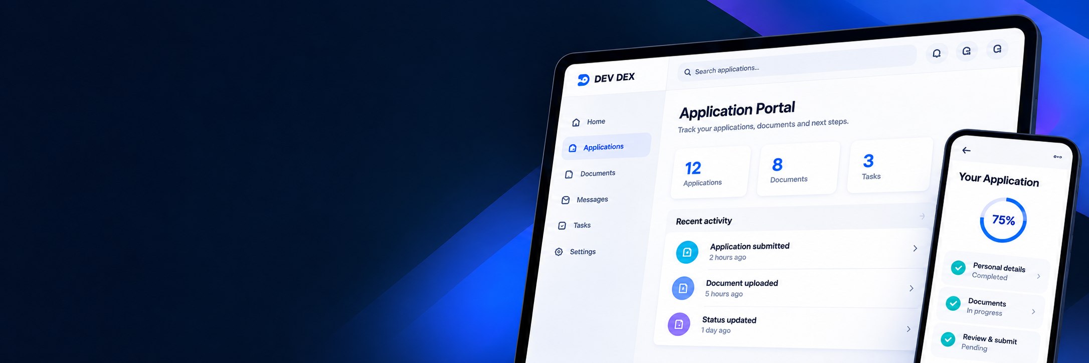 Application portal built by Dev Dex, shown on a tablet and a phone